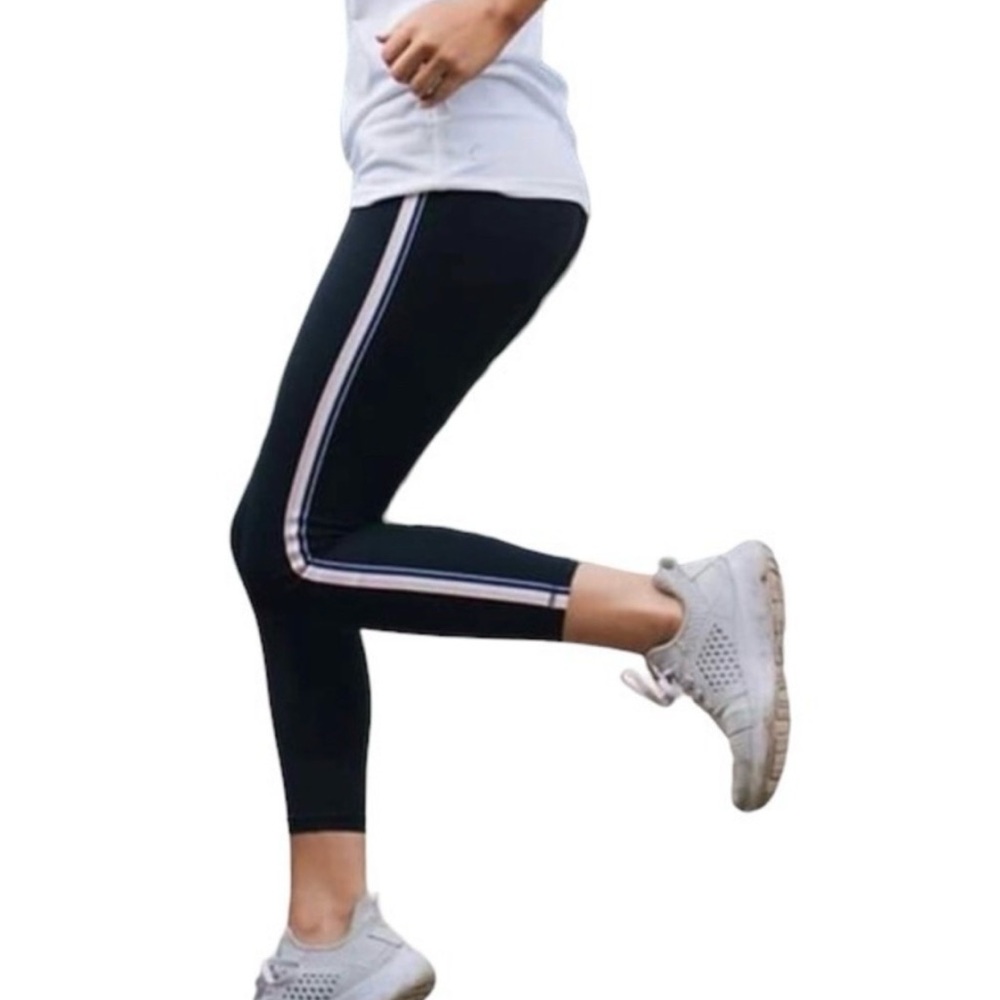 ZYIA Black Leggings with Pink and White Stripes